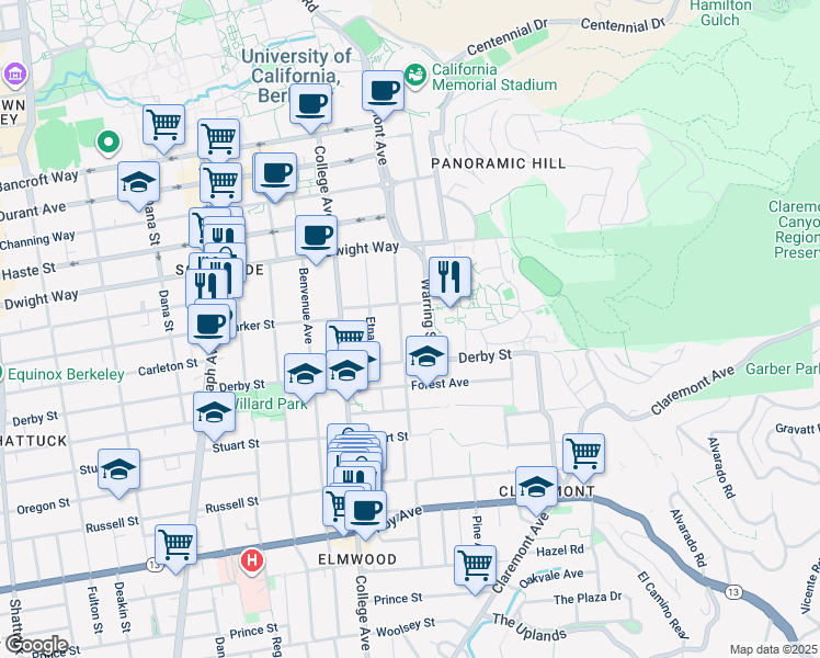 map of restaurants, bars, coffee shops, grocery stores, and more near 2630 Piedmont Avenue in Berkeley