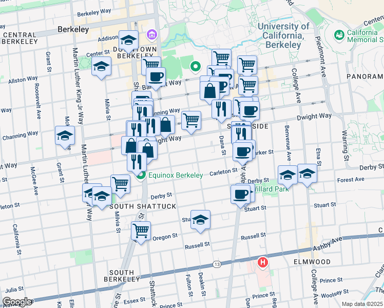 map of restaurants, bars, coffee shops, grocery stores, and more near 2233 Parker Street in Berkeley
