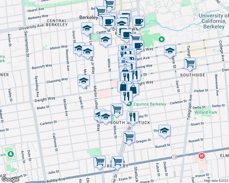 map of restaurants, bars, coffee shops, grocery stores, and more near 2001 Blake Street in Berkeley