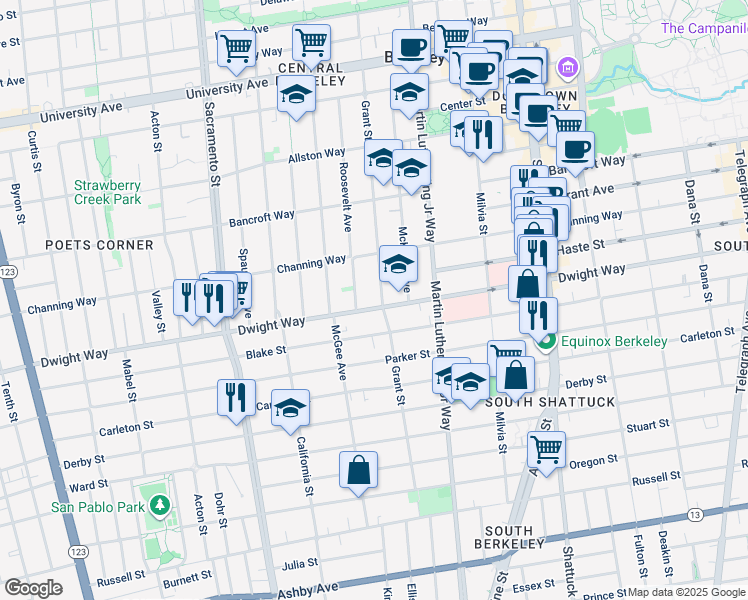 map of restaurants, bars, coffee shops, grocery stores, and more near 2446 Roosevelt Avenue in Berkeley
