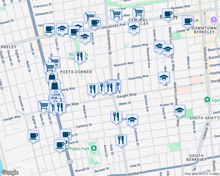 map of restaurants, bars, coffee shops, grocery stores, and more near 2420 Sacramento Street in Berkeley