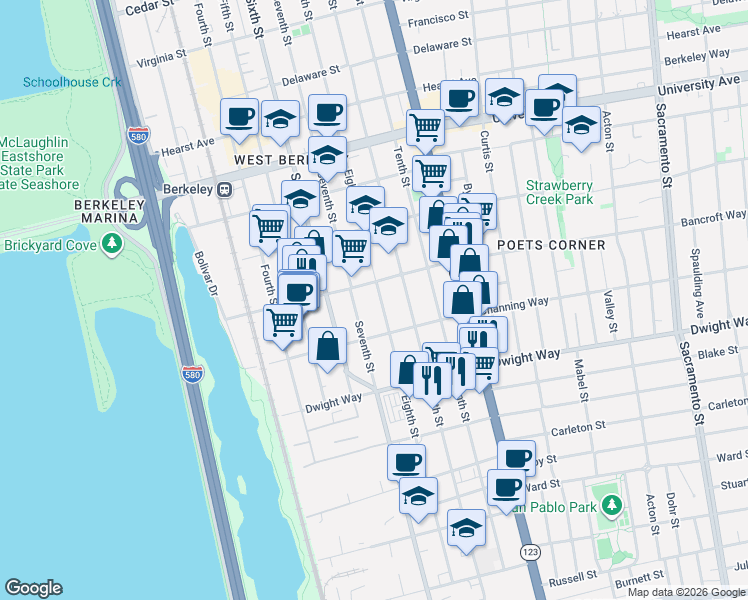 map of restaurants, bars, coffee shops, grocery stores, and more near 2323 Eighth Street in Berkeley