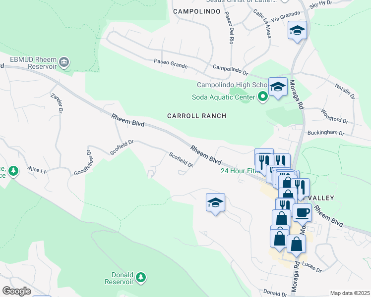map of restaurants, bars, coffee shops, grocery stores, and more near 284 Rheem Boulevard in Moraga