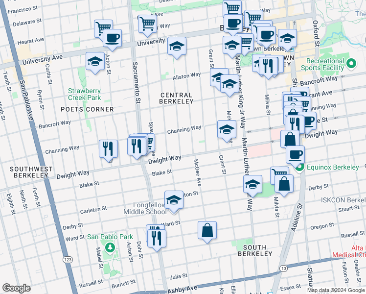 map of restaurants, bars, coffee shops, grocery stores, and more near 2435 Jefferson Avenue in Berkeley