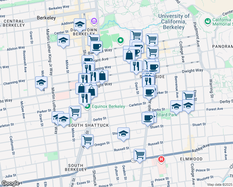 map of restaurants, bars, coffee shops, grocery stores, and more near 2232 Blake Street in Berkeley