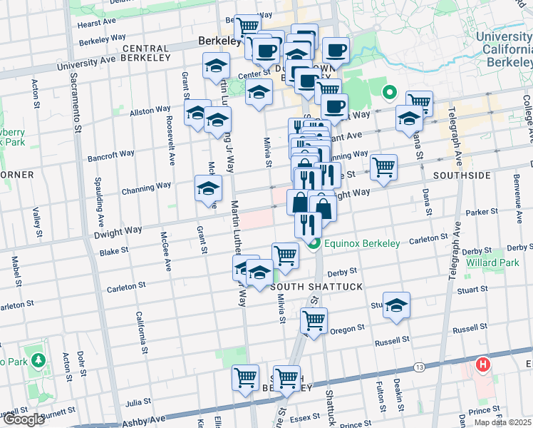 map of restaurants, bars, coffee shops, grocery stores, and more near 2500 Milvia Street in Berkeley