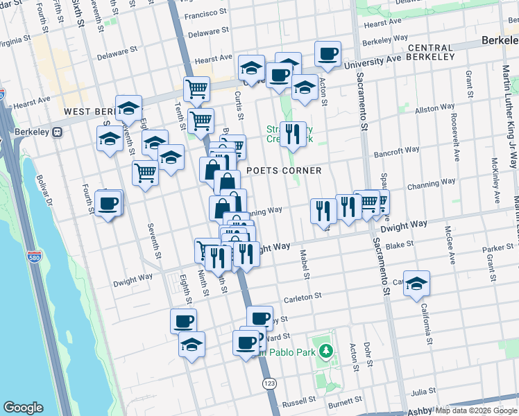 map of restaurants, bars, coffee shops, grocery stores, and more near 1216 Channing Way in Berkeley