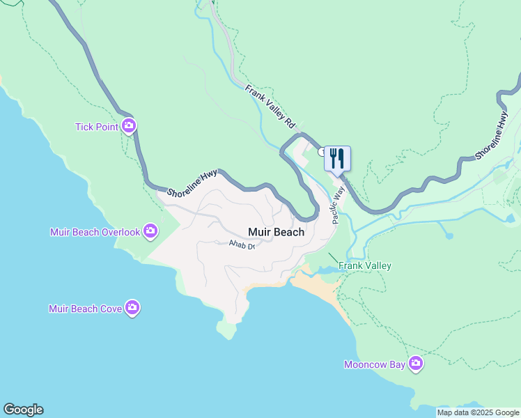 map of restaurants, bars, coffee shops, grocery stores, and more near 50 Starbuck Drive in Muir Beach