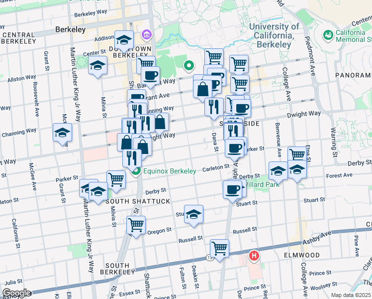 map of restaurants, bars, coffee shops, grocery stores, and more near 2240 Blake Street in Berkeley