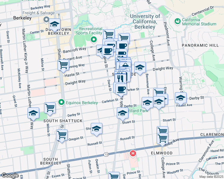 map of restaurants, bars, coffee shops, grocery stores, and more near 2400 Parker Street in Berkeley