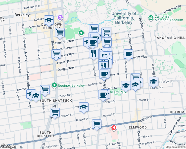 map of restaurants, bars, coffee shops, grocery stores, and more near 2400 Parker Street in Berkeley