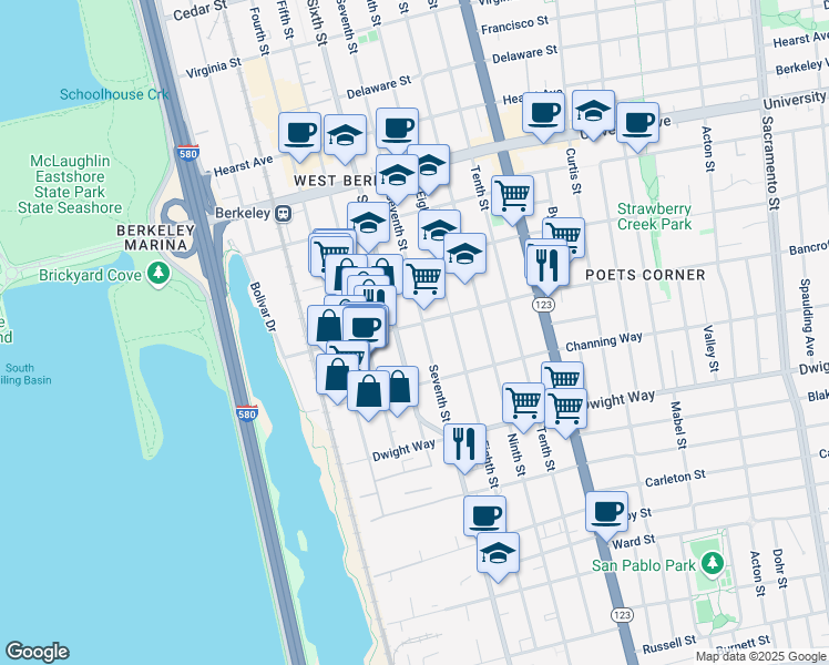 map of restaurants, bars, coffee shops, grocery stores, and more near 2321 Seventh Street in Berkeley