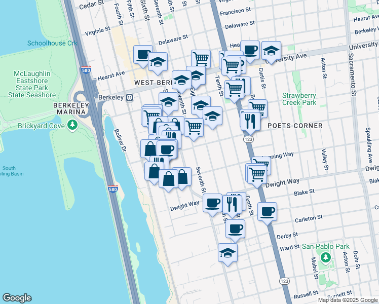 map of restaurants, bars, coffee shops, grocery stores, and more near 834 Bancroft Way in Berkeley