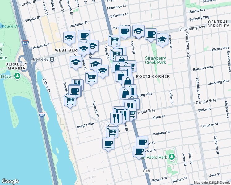 map of restaurants, bars, coffee shops, grocery stores, and more near 2326 Tenth Street in Berkeley