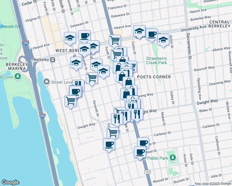 map of restaurants, bars, coffee shops, grocery stores, and more near 2326 Tenth Street in Berkeley