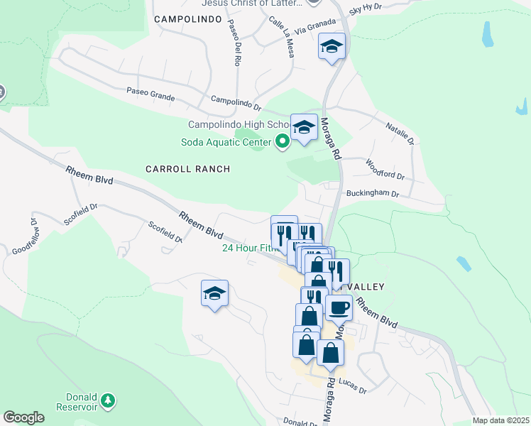 map of restaurants, bars, coffee shops, grocery stores, and more near 45 La Salle Drive in Moraga