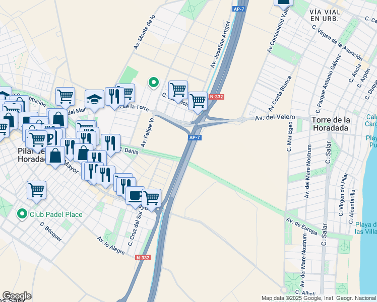 map of restaurants, bars, coffee shops, grocery stores, and more near 772 AP-7 in Pilar de la Horadada