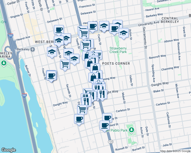 map of restaurants, bars, coffee shops, grocery stores, and more near 2396 San Pablo Avenue in Berkeley
