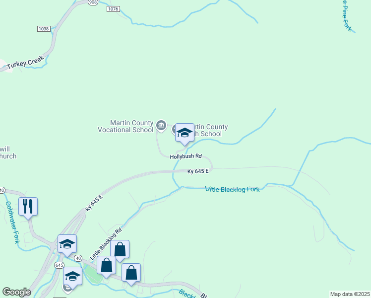 map of restaurants, bars, coffee shops, grocery stores, and more near 137 Hollybush Road in Inez