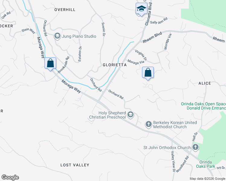 map of restaurants, bars, coffee shops, grocery stores, and more near 219 Orchard Road in Orinda