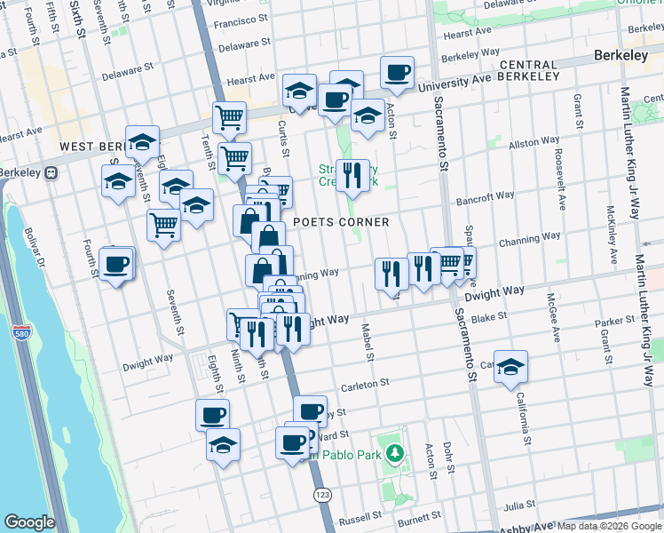 map of restaurants, bars, coffee shops, grocery stores, and more near 1227 Channing Way in Berkeley