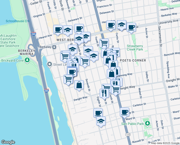 map of restaurants, bars, coffee shops, grocery stores, and more near 2310 Eighth Street in Berkeley