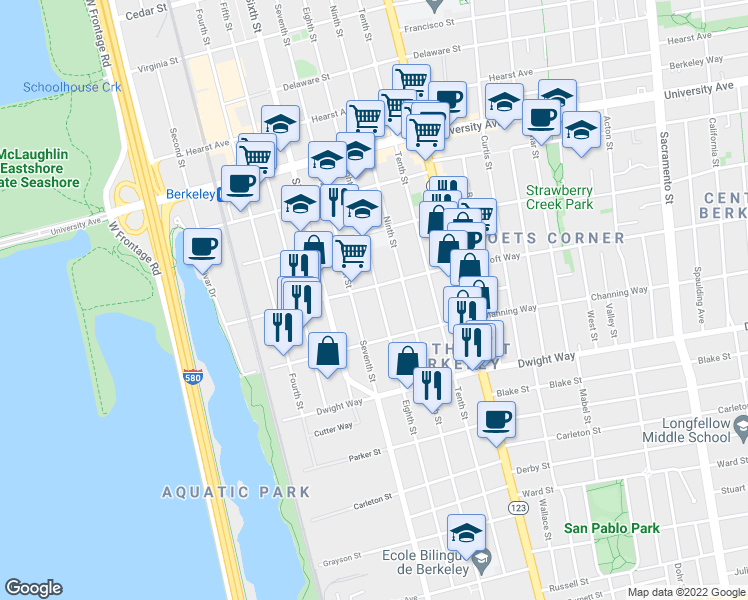map of restaurants, bars, coffee shops, grocery stores, and more near 2310 Eighth Street in Berkeley