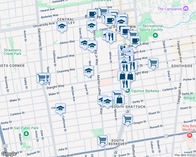 map of restaurants, bars, coffee shops, grocery stores, and more near 2488 Martin Luther King Junior Way in Berkeley
