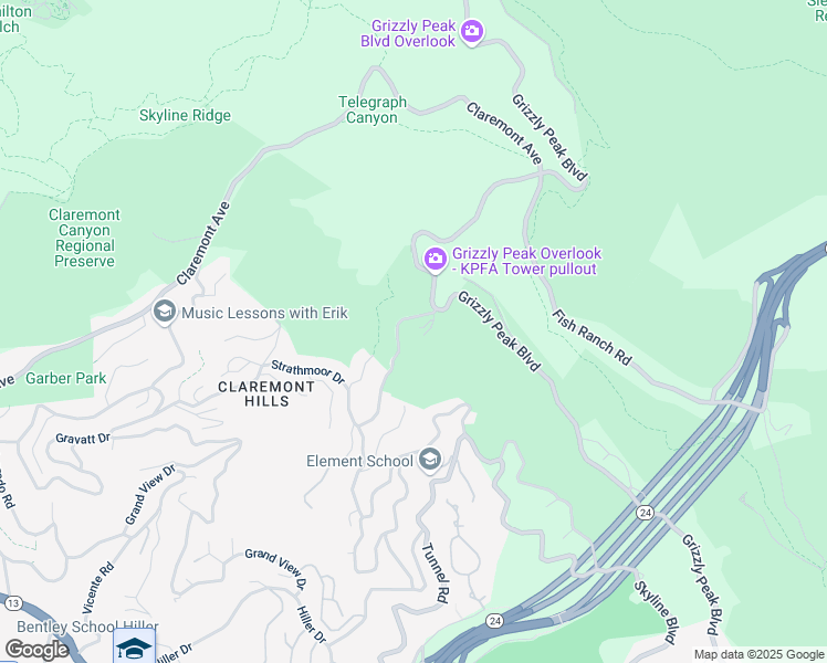 map of restaurants, bars, coffee shops, grocery stores, and more near 4975 Grizzly Peak Boulevard in Berkeley
