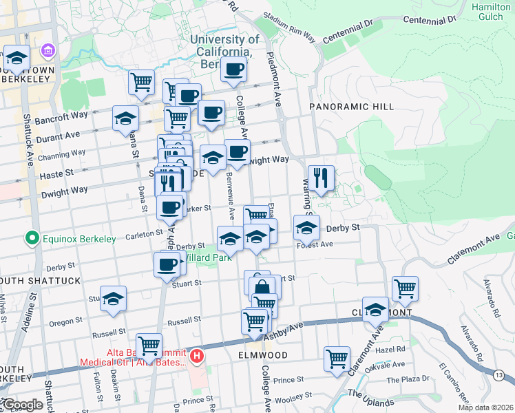 map of restaurants, bars, coffee shops, grocery stores, and more near 2626 Etna Street in Berkeley