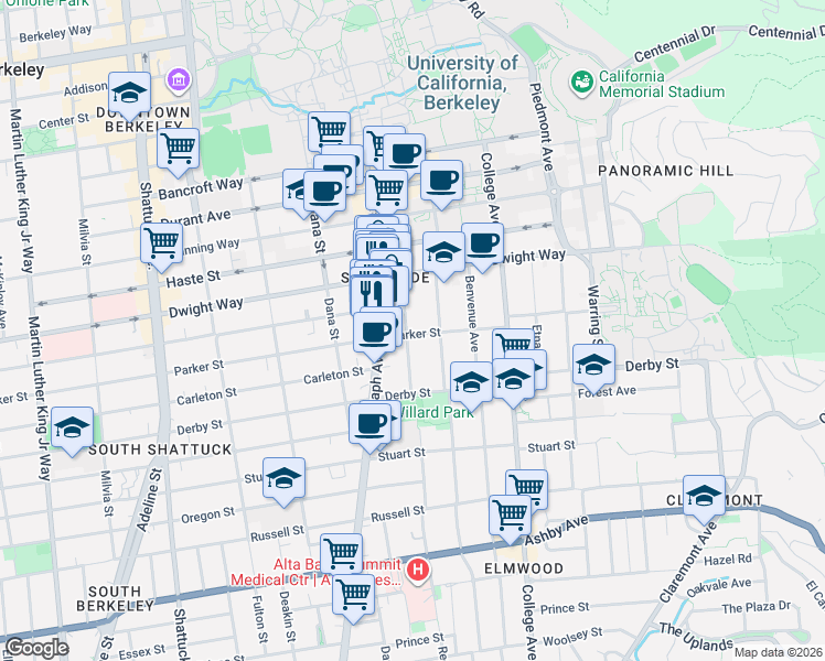 map of restaurants, bars, coffee shops, grocery stores, and more near 2607 Regent Street in Berkeley