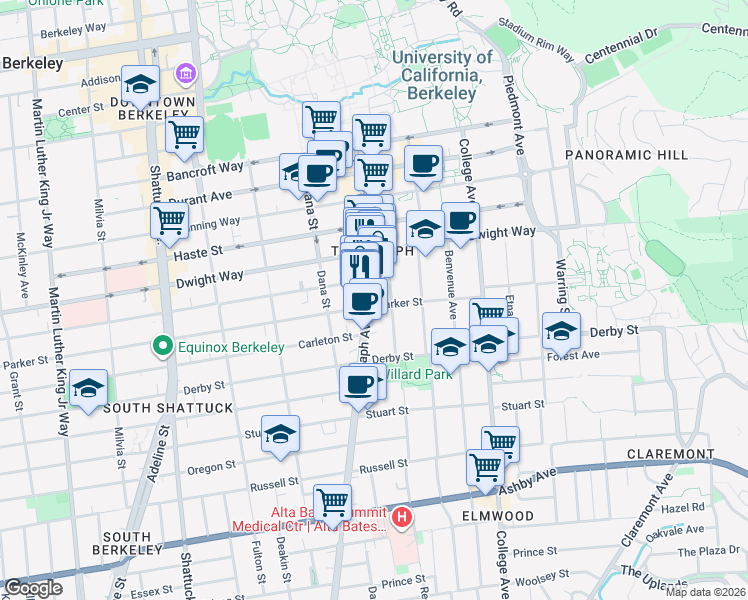 map of restaurants, bars, coffee shops, grocery stores, and more near 2597 Telegraph Avenue in Berkeley