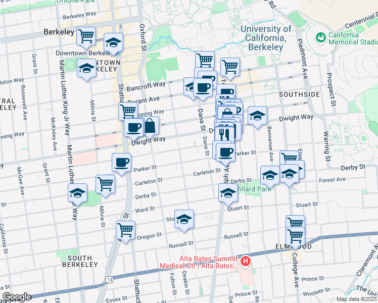 map of restaurants, bars, coffee shops, grocery stores, and more near 2315 Parker Street in Berkeley