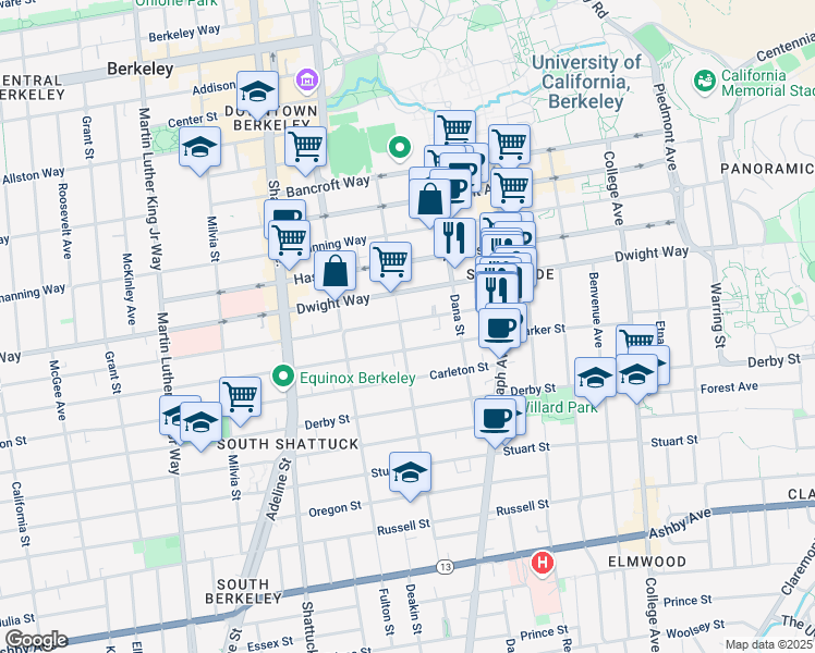map of restaurants, bars, coffee shops, grocery stores, and more near 2315 Parker Street in Berkeley