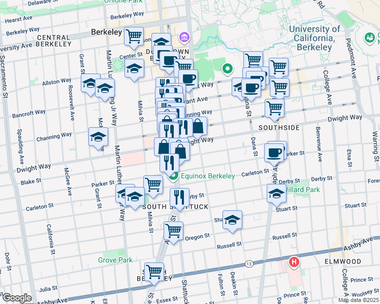 map of restaurants, bars, coffee shops, grocery stores, and more near 2555 Shattuck Avenue in Berkeley