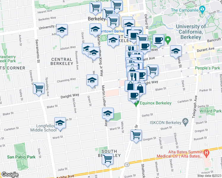 map of restaurants, bars, coffee shops, grocery stores, and more near 2500 Milvia Street in Berkeley