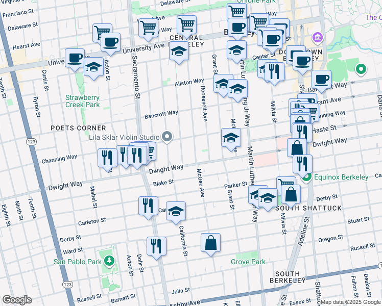 map of restaurants, bars, coffee shops, grocery stores, and more near 1639 Dwight Way in Berkeley