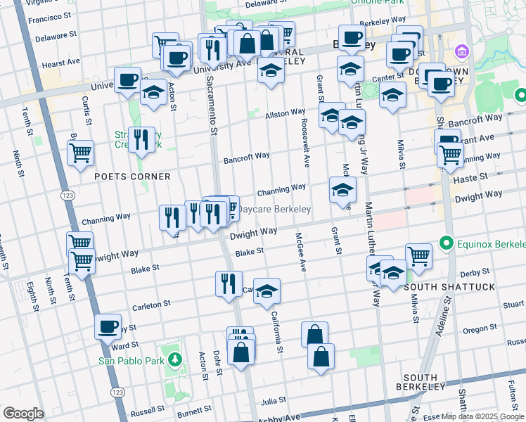 map of restaurants, bars, coffee shops, grocery stores, and more near 2443 California Street in Berkeley