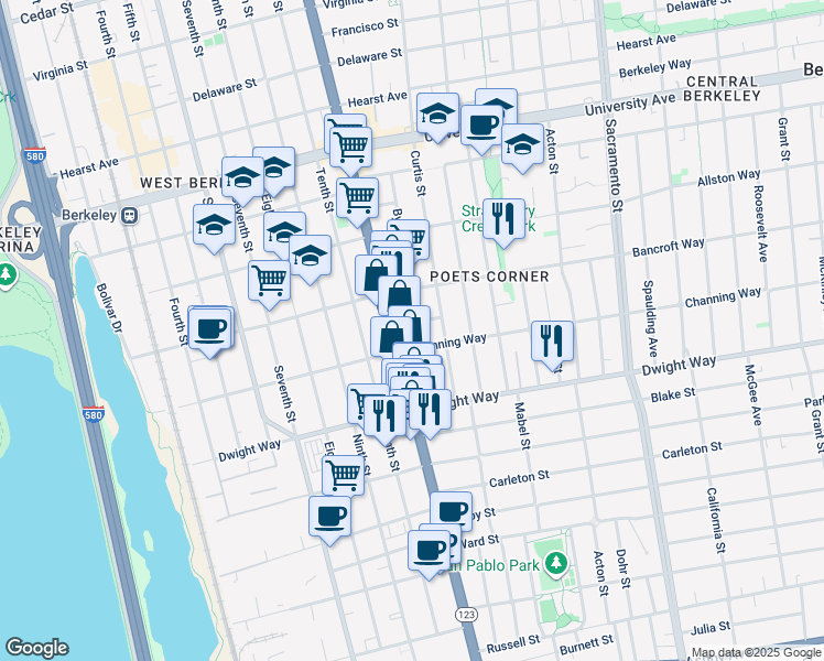 map of restaurants, bars, coffee shops, grocery stores, and more near 2401 Byron Street in Berkeley