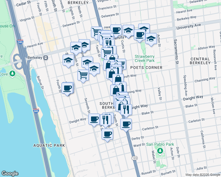 map of restaurants, bars, coffee shops, grocery stores, and more near 2396 San Pablo Avenue in Berkeley