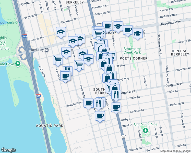 map of restaurants, bars, coffee shops, grocery stores, and more near 2334 Tenth Street in Berkeley