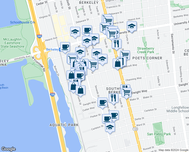 map of restaurants, bars, coffee shops, grocery stores, and more near 2321 Seventh Street in Berkeley