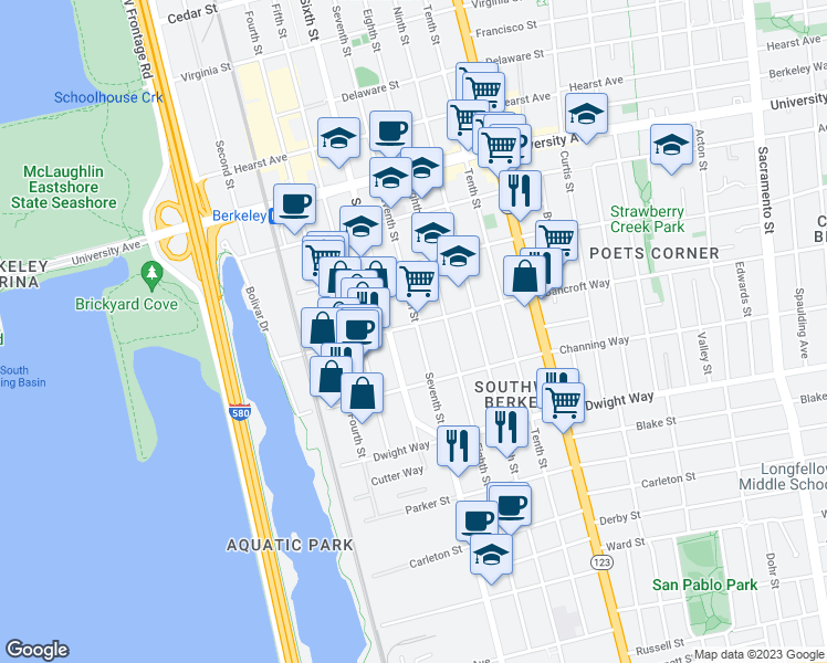 map of restaurants, bars, coffee shops, grocery stores, and more near 2321 Seventh Street in Berkeley