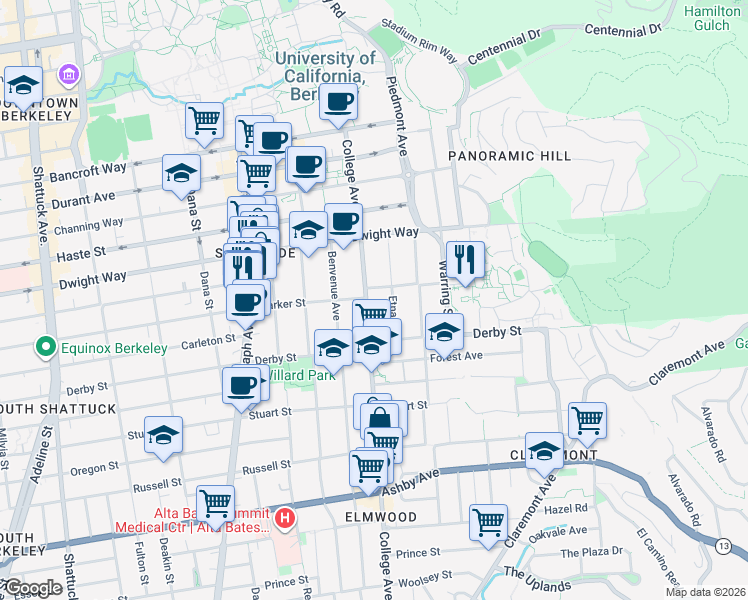map of restaurants, bars, coffee shops, grocery stores, and more near 2626 Etna Street in Berkeley