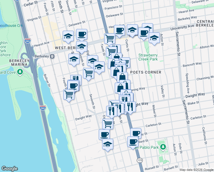 map of restaurants, bars, coffee shops, grocery stores, and more near 2334 Tenth Street in Berkeley