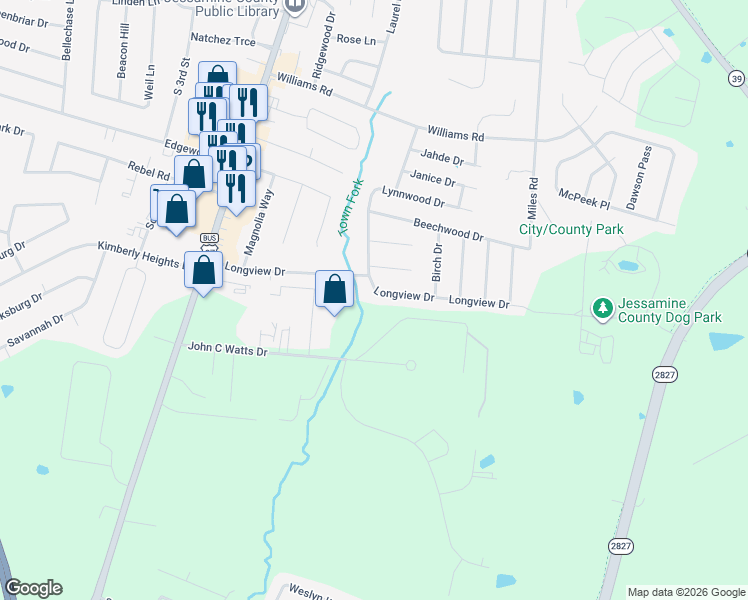 map of restaurants, bars, coffee shops, grocery stores, and more near 313 Longview Drive in Nicholasville