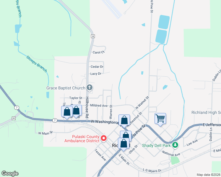 map of restaurants, bars, coffee shops, grocery stores, and more near 215 Warren Street in Richland