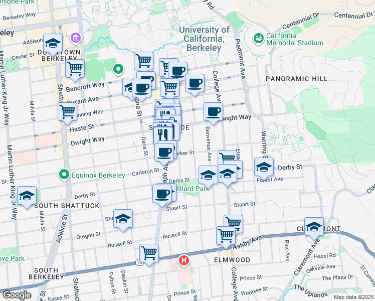 map of restaurants, bars, coffee shops, grocery stores, and more near 2515 Parker Street in Berkeley