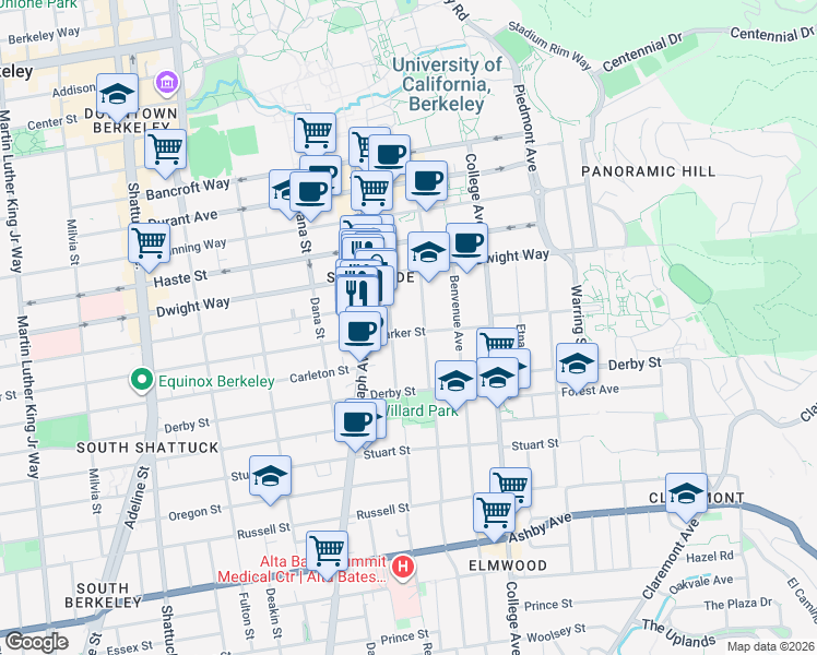 map of restaurants, bars, coffee shops, grocery stores, and more near 2511 Parker Street in Berkeley