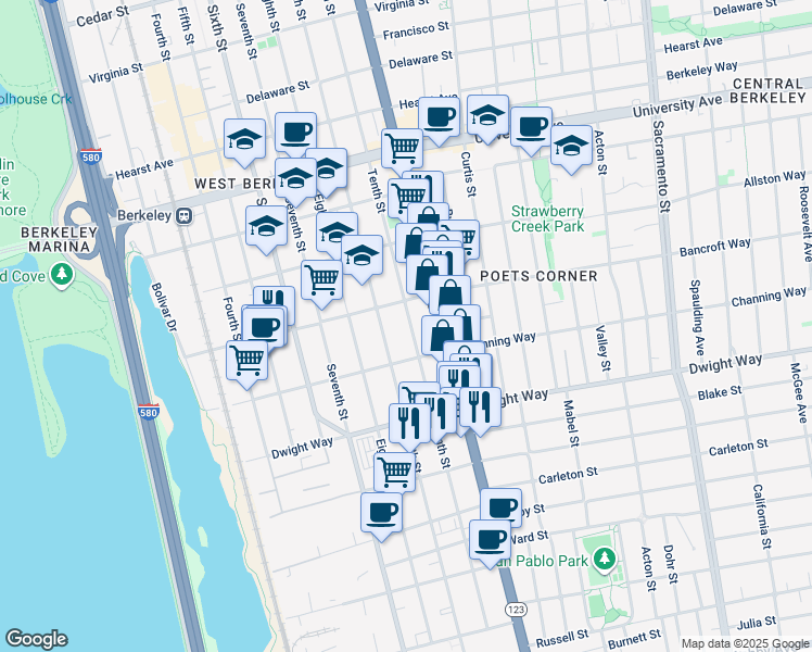 map of restaurants, bars, coffee shops, grocery stores, and more near 2316 Tenth Street in Berkeley